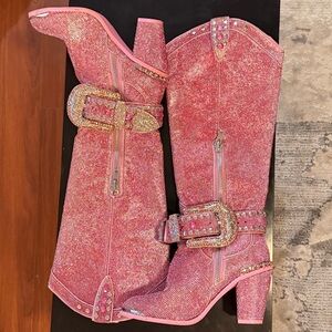 (Out of Stock Online) Dolls Kill-Pink SHERIFF Shine Knee High Cowboy Boots